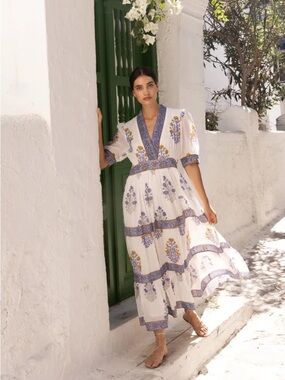 Oliphant White Floral Midi Dress with Blue & Yellow Trim